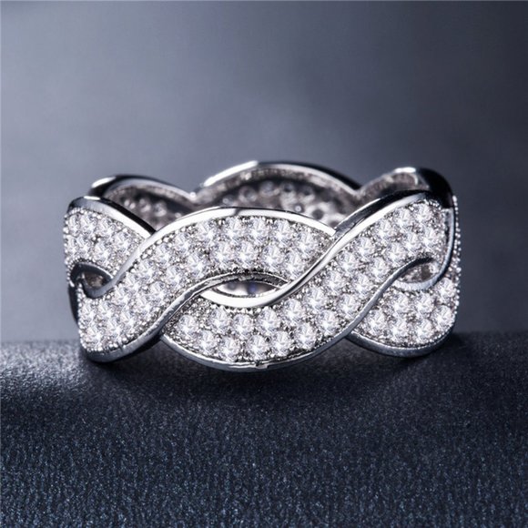 "Wave Crystal Zircon Romantic Iced Out Silver Plated Diamond Ring, UNVN12359 - Picture 2 of 2